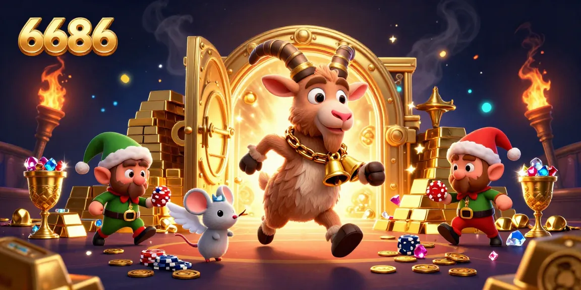 Engage with 6686 on a dynamic gaming adventure featuring playful characters amid sparkling treasures.