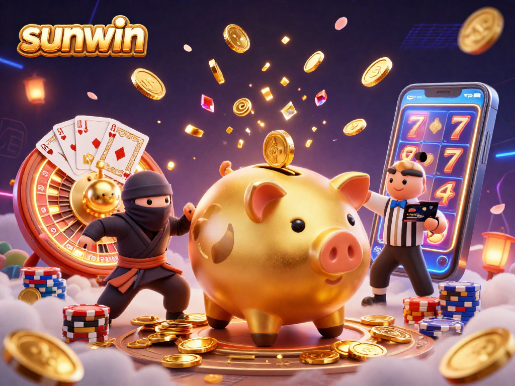 Engage with sunwin in a dynamic casino scene featuring a sumo wrestler, ninja, and referee.