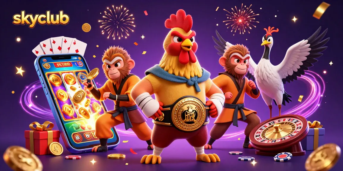 Experience thrilling gaming at skyclub with vibrant characters and exciting slot game action!