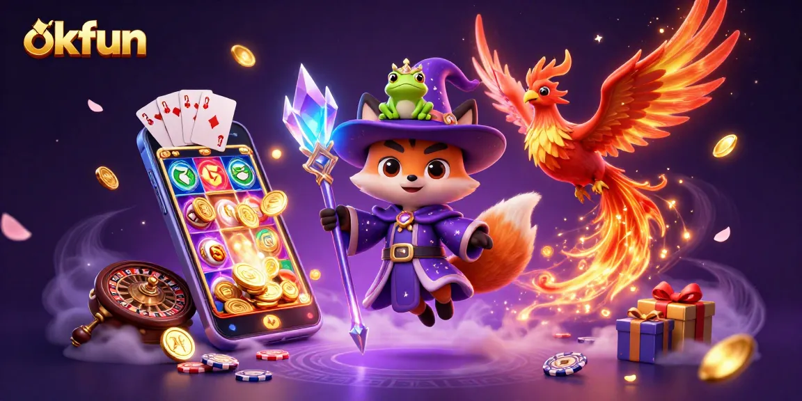 Engage with okfun's vibrant slots featuring a wizard fox and phoenix in a rich casino atmosphere.