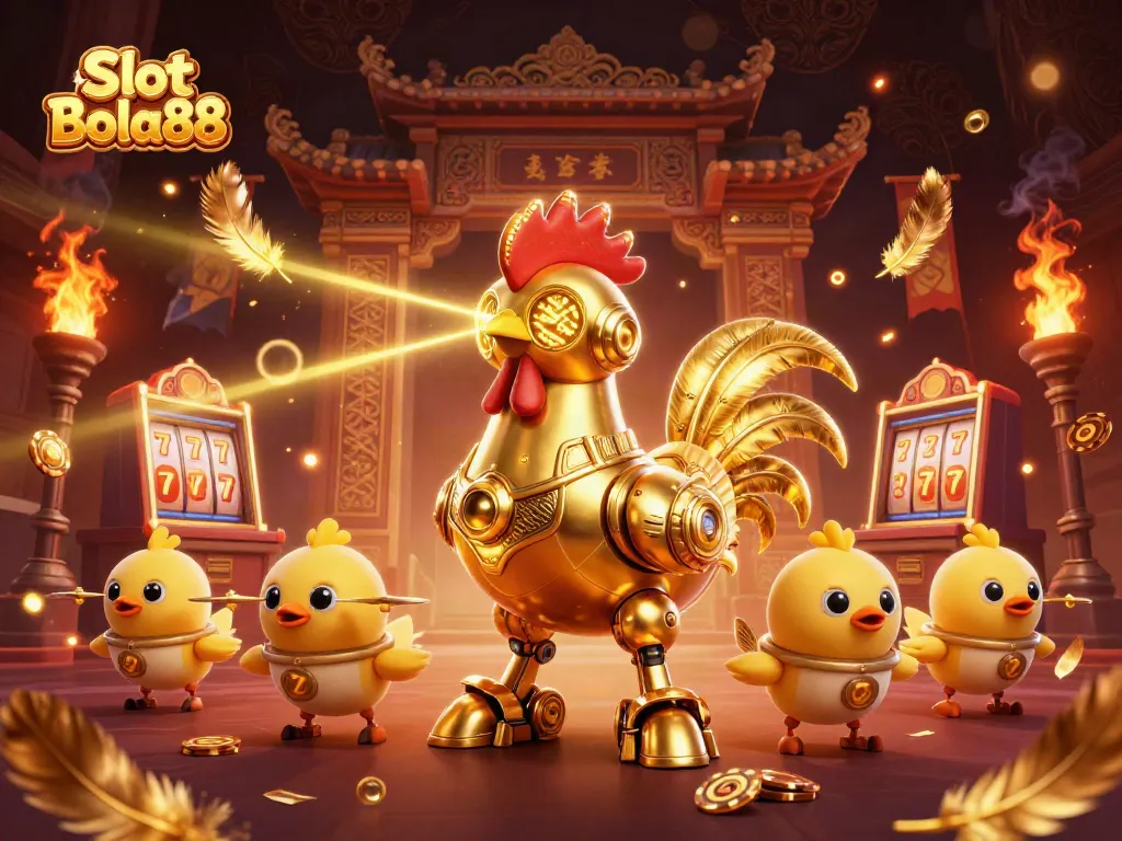 Spin the Slot Bola88 reels with vibrant golden rooster robot and baby chick drones.