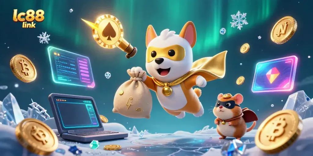 Experience the thrill of lc88 link with a superhero dog in a vibrant animated casino scene, capturing the essence of gaming excitement.