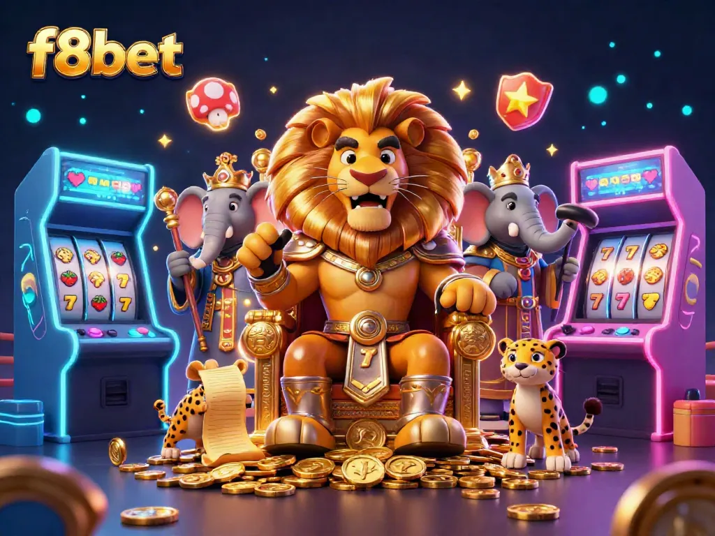 Engage with f8bet's vibrant casino scene featuring a lion king on a gold throne surrounded by arcade games and lively characters.
