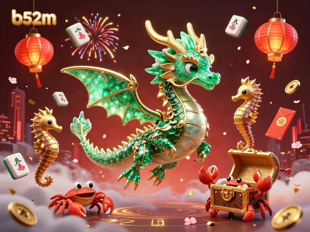 Experience thrilling wins at b52m with an enchanting sea dragon surrounded by festive casino elements.