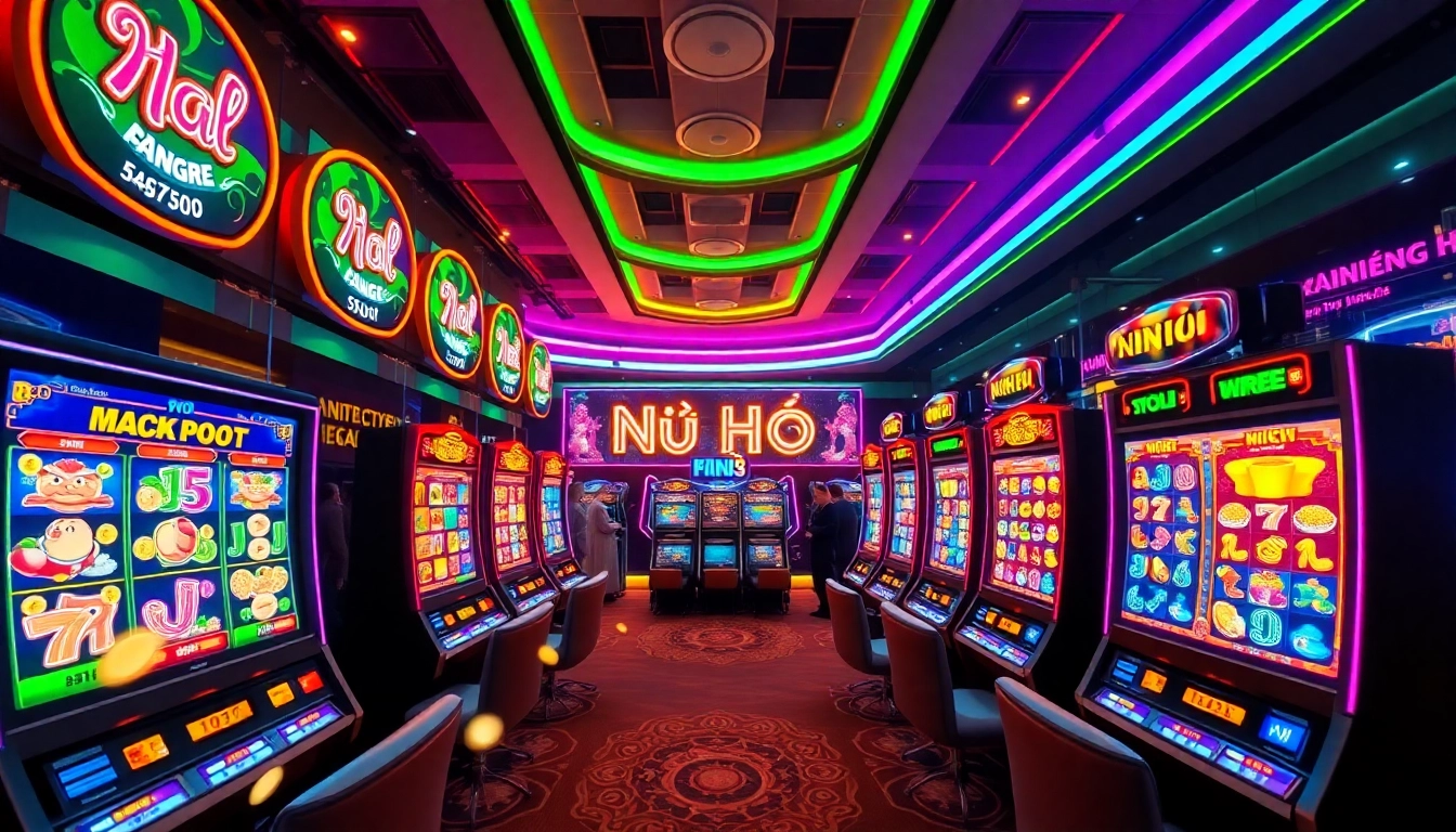 Nổ Hũ online casino scene with vibrant slot machines and happy players celebrating wins