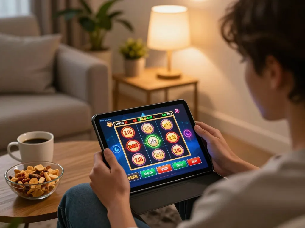 Person enjoying online gaming on a tablet, celebrating wins with 789betviet in the background.