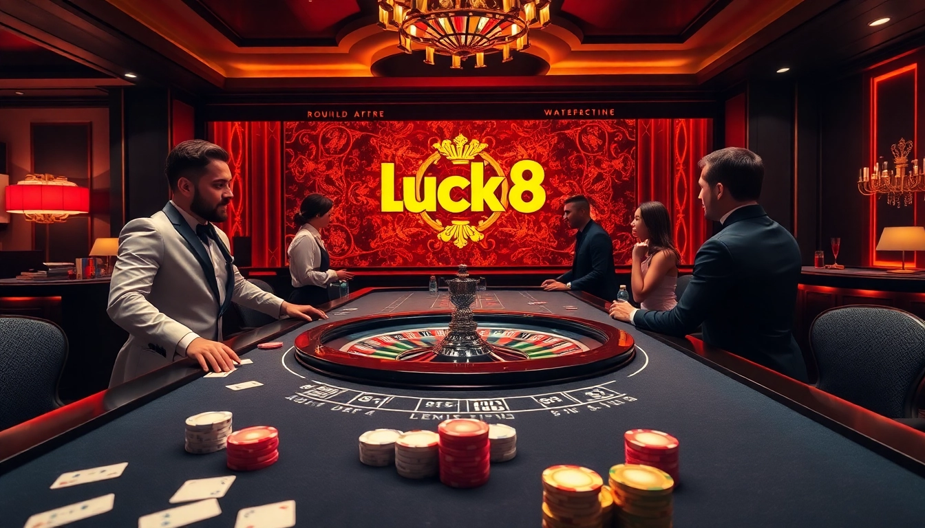 Players enjoying a thrilling game at the Luck8 casino table with vibrant gaming elements.