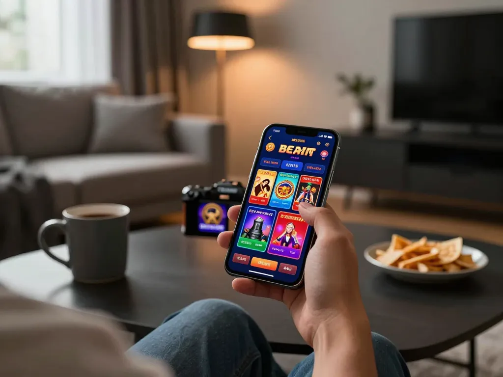 Engaging in online gambling with a smartphone reflecting Website Game Terbaik in a cozy environment