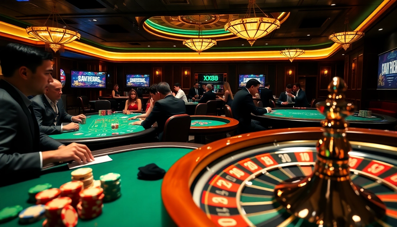 Engaging scene of players enjoying XX88 poker games with chips and cards on a dazzling casino table.
