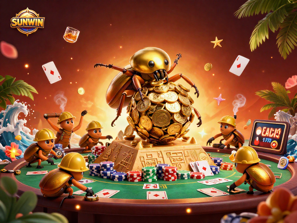 SUNWIN presents a vibrant 3D scene with a golden dung beetle rolling a coin ball amid poker elements.