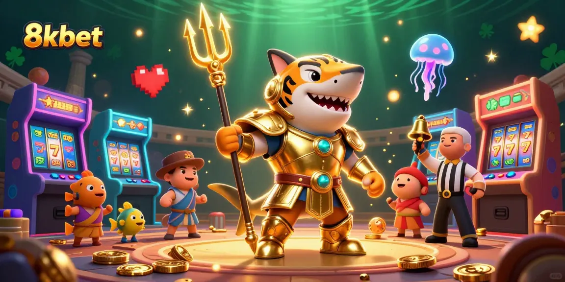 Engage in thrilling gameplay at 8kbet with vibrant visuals of a shark gladiator and dynamic casino game elements.