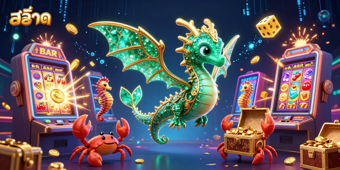 Experience dynamic สล็อต action in a vibrant 3D casino illustration featuring a glowing sea dragon and jackpot excitement.