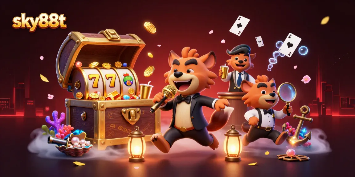 sky88t hyenas entertain in a vibrant casino, surrounded by treasures and slot game elements