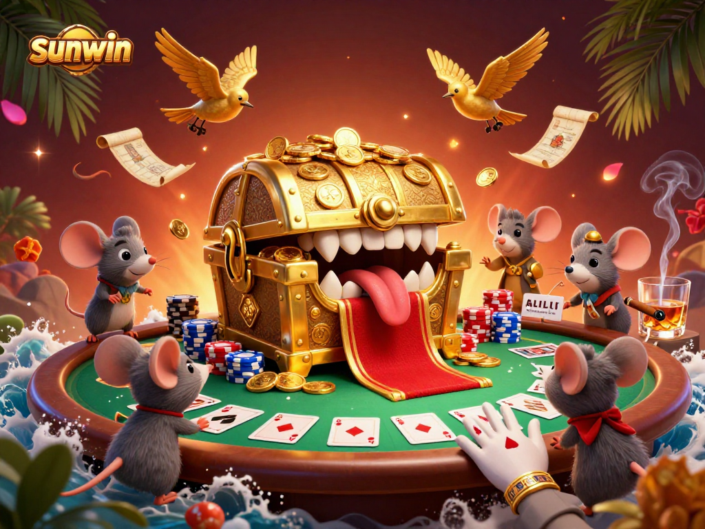 Experience sunwin's exciting riches in a vibrant casino scene with treasure chest and poker elements.