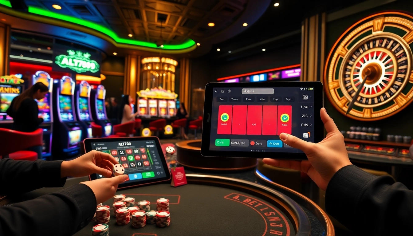 Alo789 app interface displayed alongside a bustling casino scene, featuring poker chips and roulette wheel.