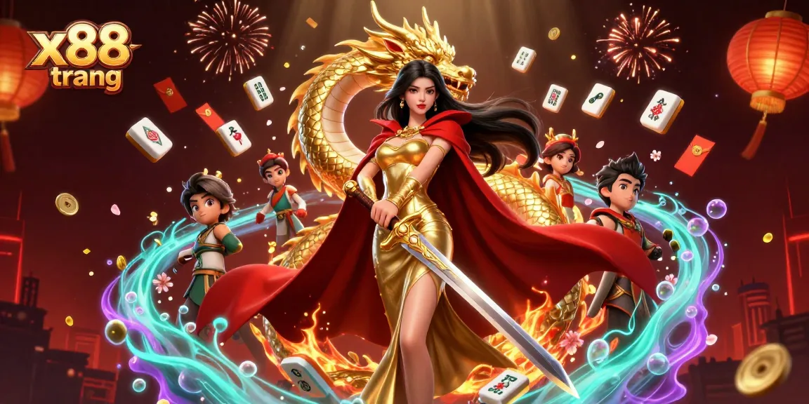 Win exciting games at x88 trang with vibrant visuals and captivating characters in a casino-themed illustration.