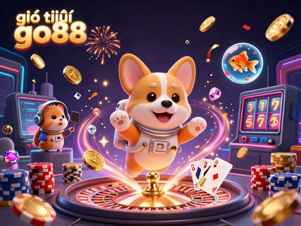 Play at giới thiệu go88 with a lively space casino scene featuring a corgi astronaut and colorful gaming elements.