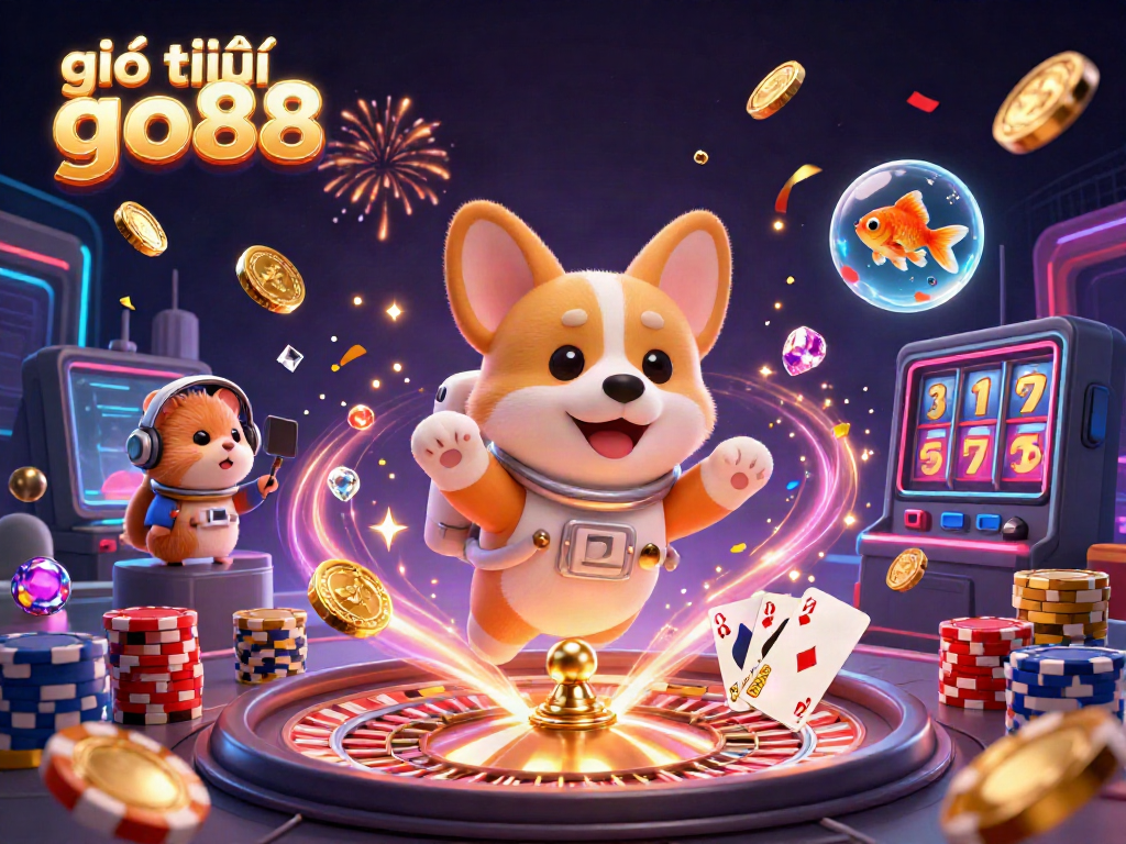 Play at giới thiệu go88 with a lively space casino scene featuring a corgi astronaut and colorful gaming elements.