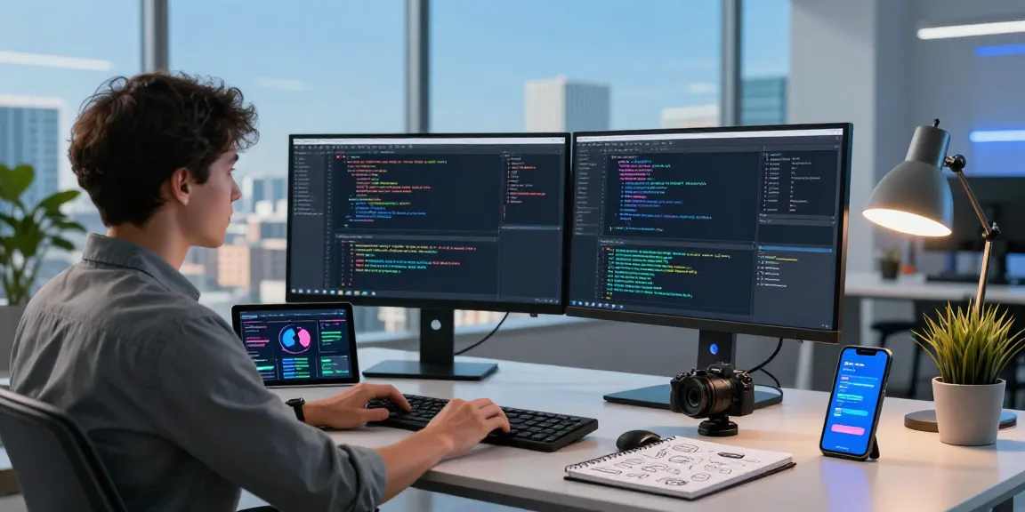 WPS Download setup in a dynamic developer workspace with multiple screens and tech gadgets.