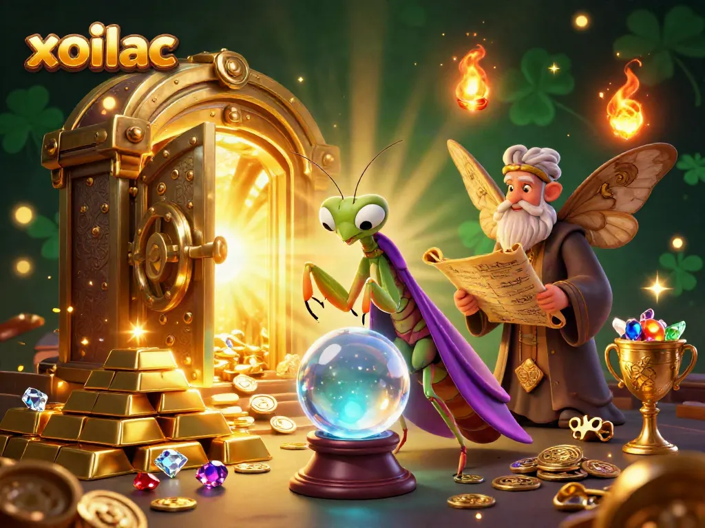 Xoilac TV showcases colorful cartoon characters in a magical gambling scene filled with treasures.