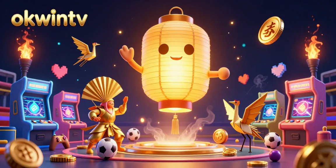 Experience thrilling sports betting with okwintv in a vibrant 3D illustration featuring a golden lantern spirit.