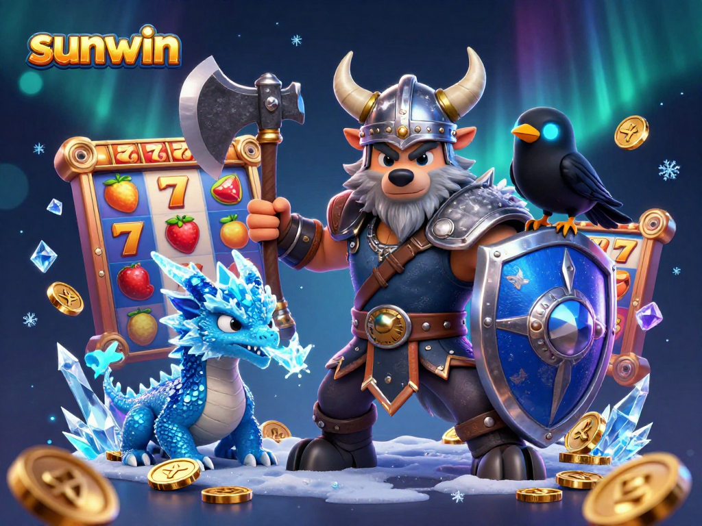 Engage with sunwin's exciting slots featuring a Viking warrior and dragon amidst vibrant gaming elements.