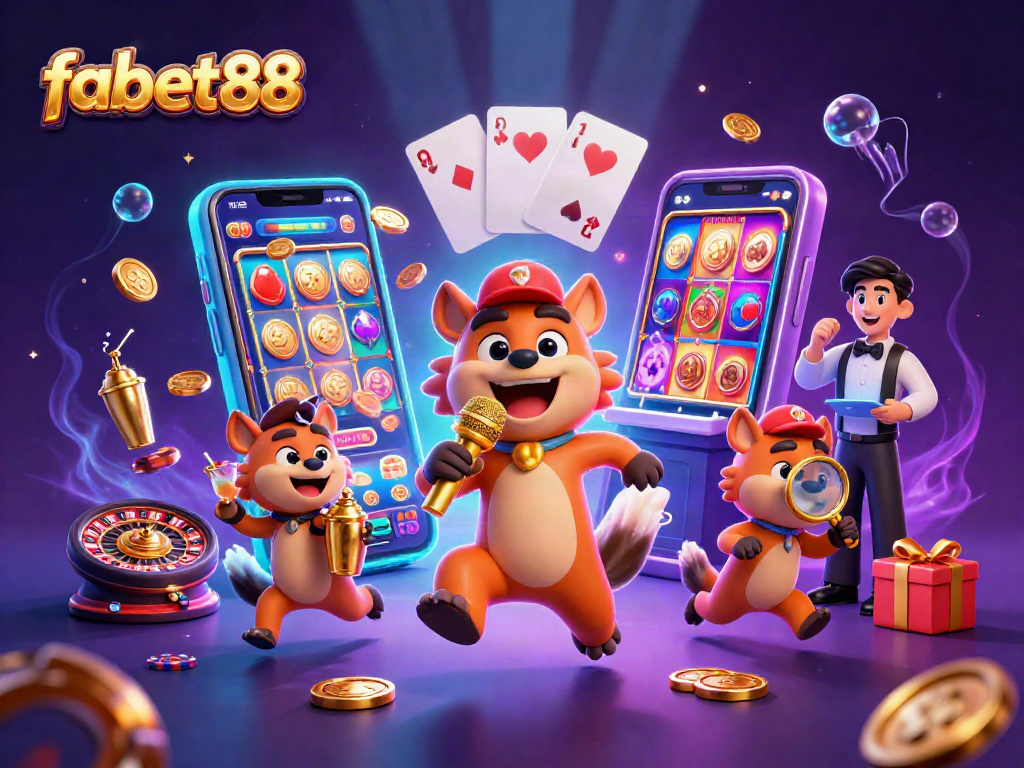 Experience fabet88's vibrant casino world with playful hyenas in a comedy setup, filled with engaging gaming elements.