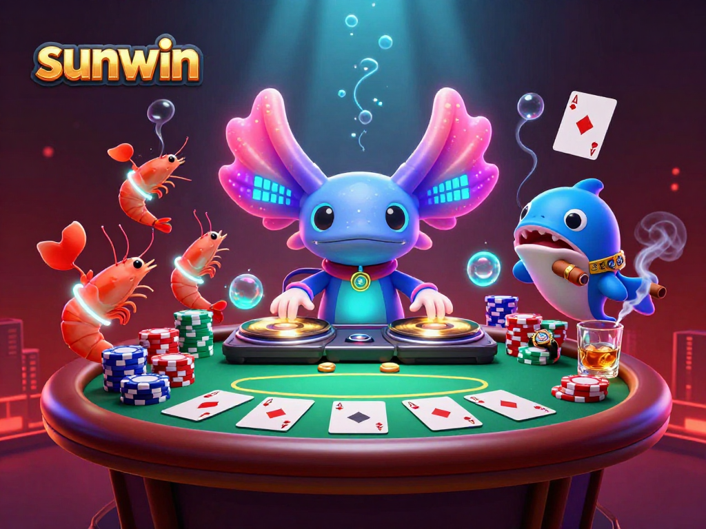 Experience the neon-lit fun of sunwin with vibrant casino characters dancing and playing poker.