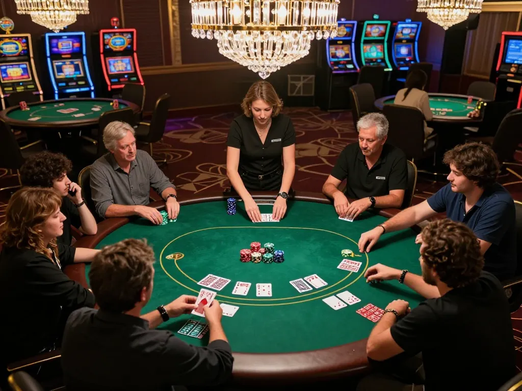 Players immerse in sc888 poker strategy at upscale casino, engaging and social atmosphere.