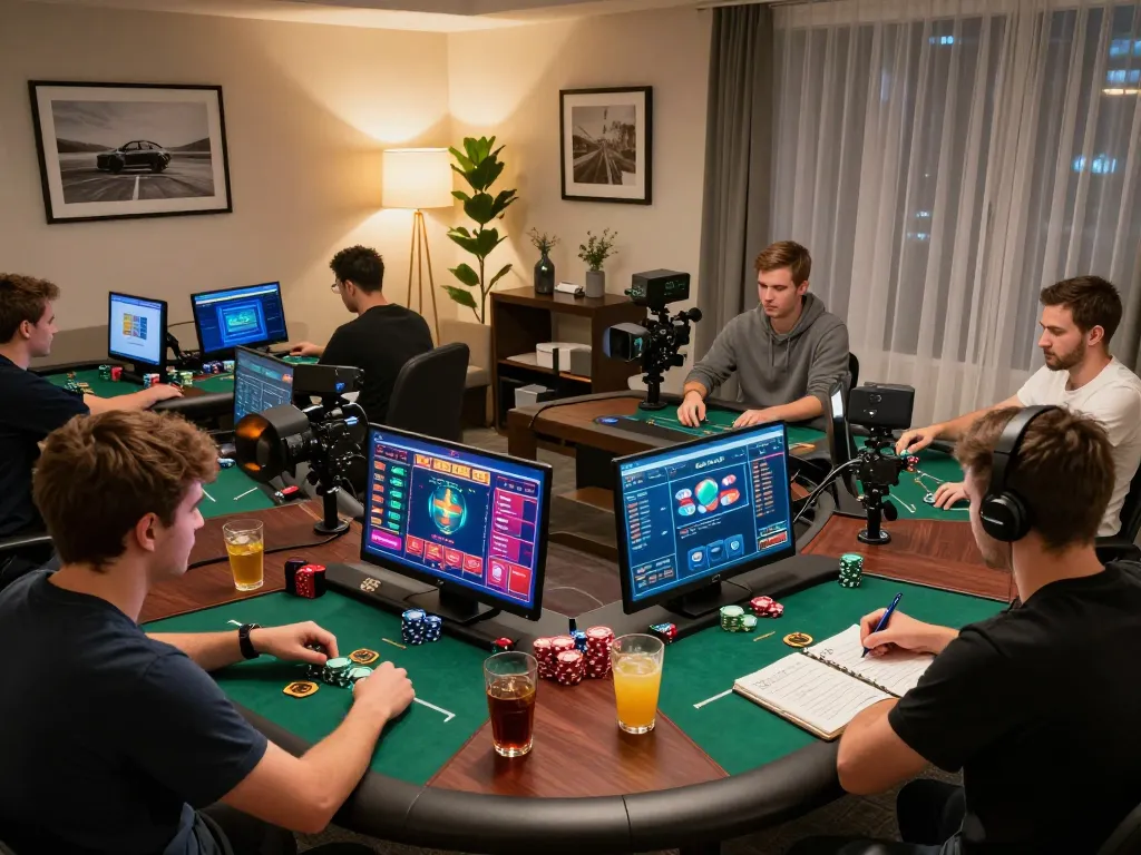 Experience the excitement of lu88 bet through a vibrant online poker gaming scene, showcasing players focused on their strategies.