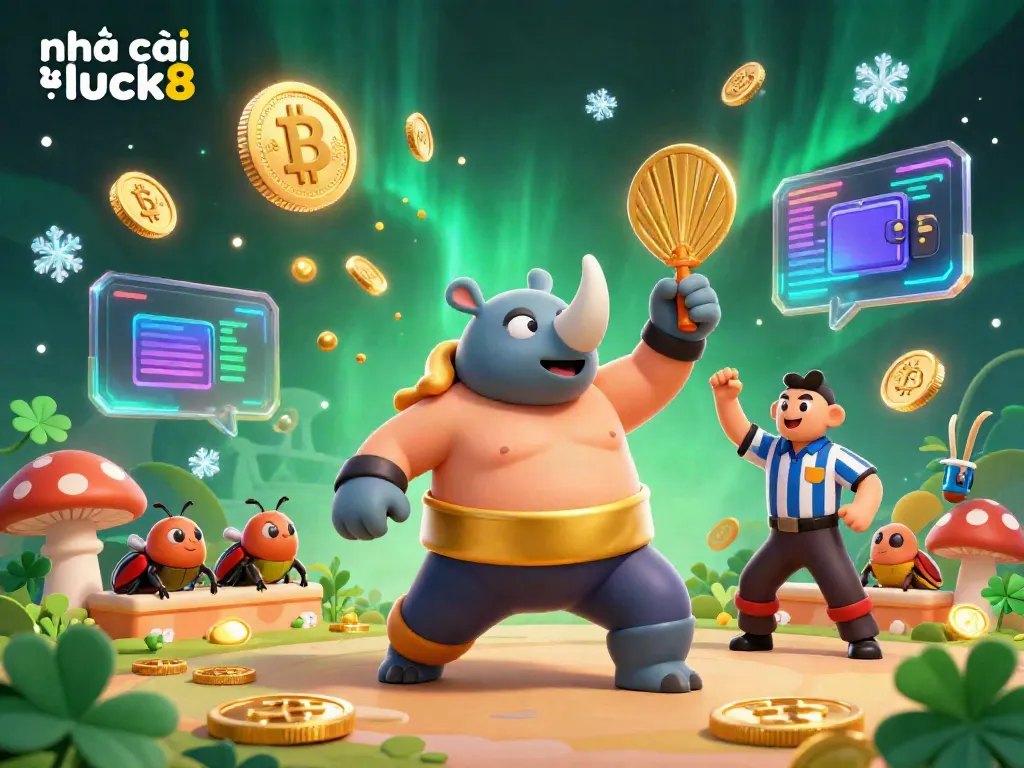 Experience the thrill of nhà cái luck8 as a sumo beetle champion celebrates wins amidst glowing coins and crypto elements.