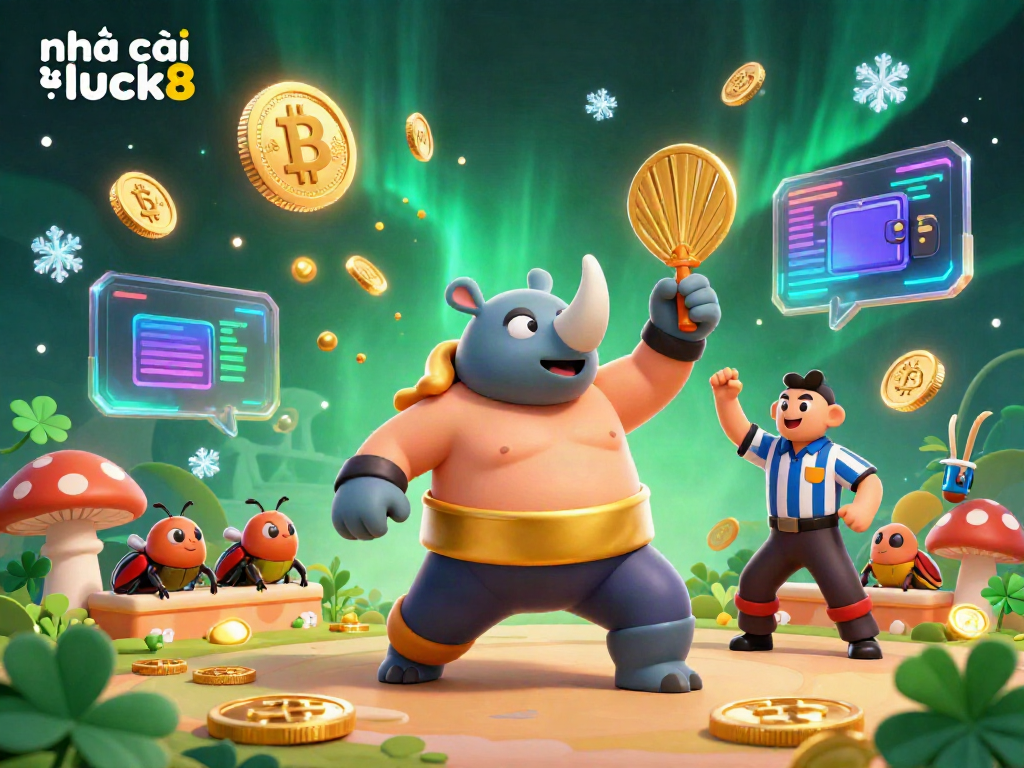 Experience the thrill of nhà cái luck8 as a sumo beetle champion celebrates wins amidst glowing coins and crypto elements.