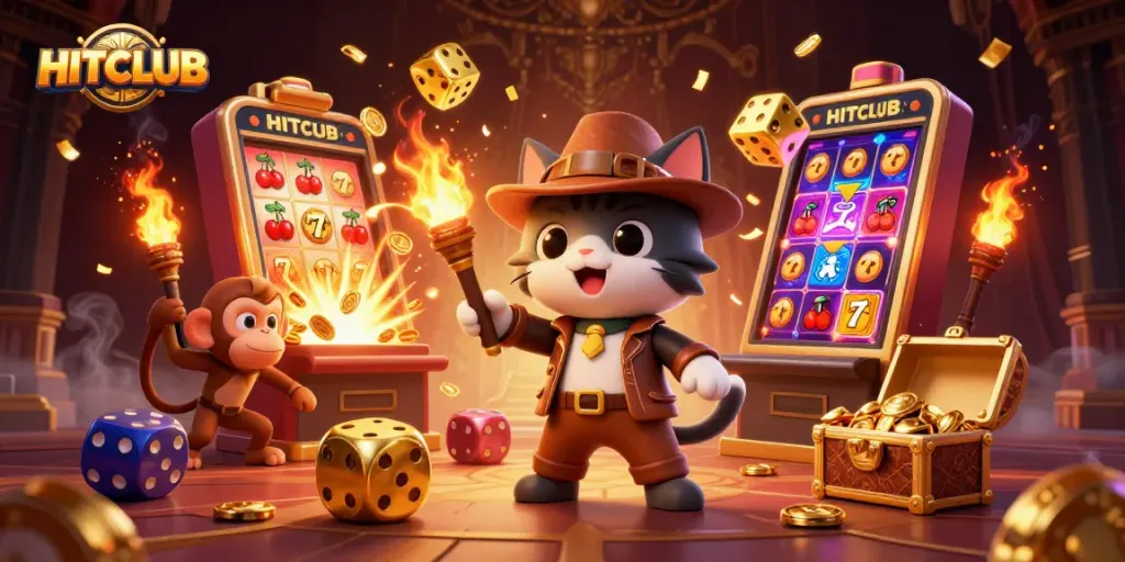 Experience the thrill of HITCLUB with an adventurous cat exploring a jackpot-rich casino scene.