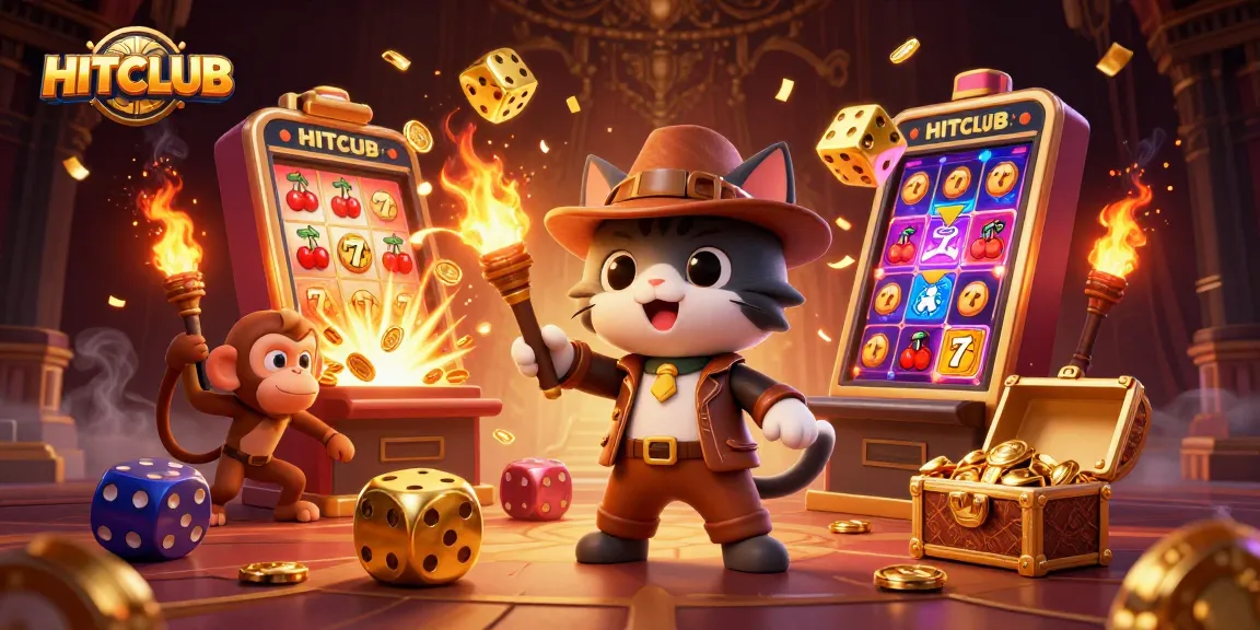 Experience the thrill of HITCLUB with an adventurous cat exploring a jackpot-rich casino scene.