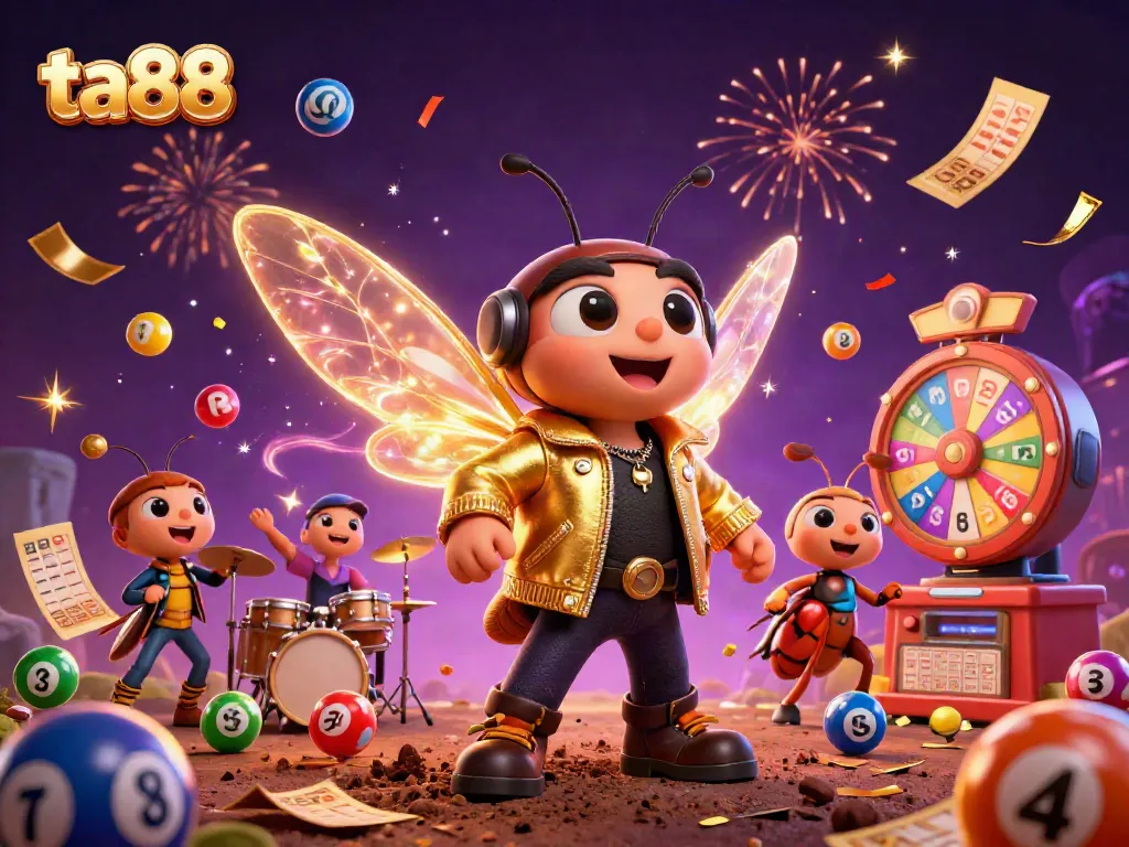 Engage with ta88's vibrant casino scene featuring a rock star cicada, energetic gameplay elements, and lottery excitement.