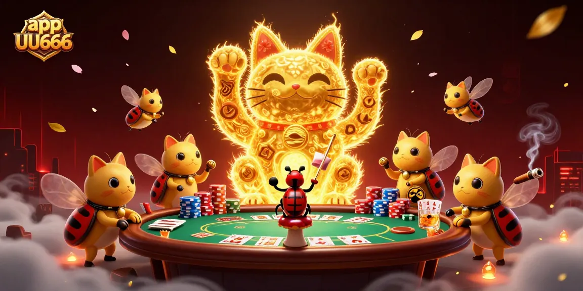 Experience luck and excitement with app UU666 at a vibrant casino scene featuring poker action and a lucky cat.