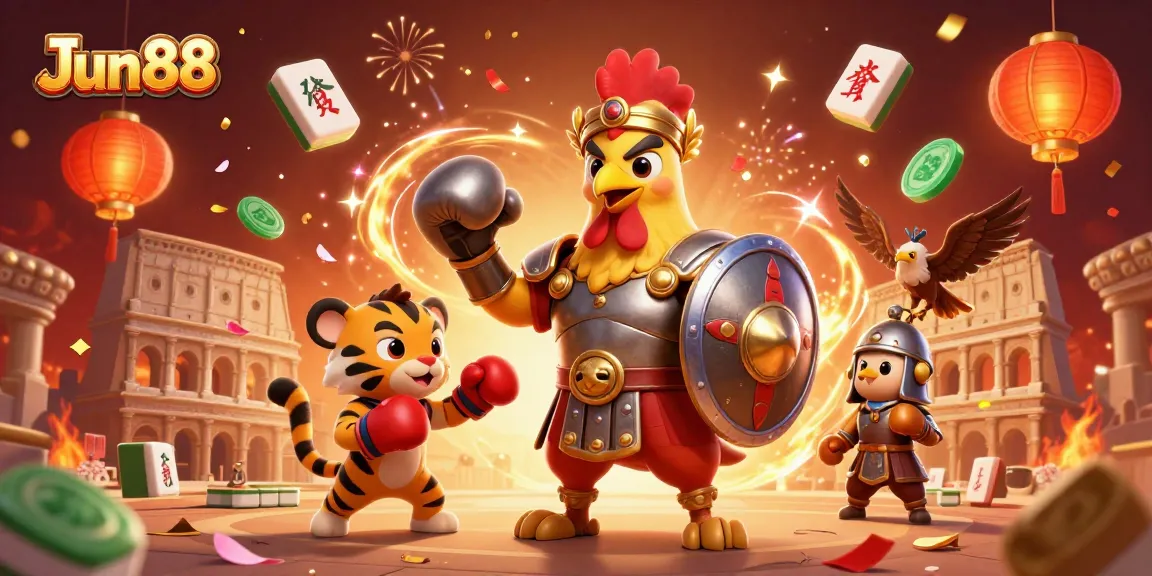 Experience the thrill of victory with Jun88's vibrant 3D casino adventure featuring gladiator characters.