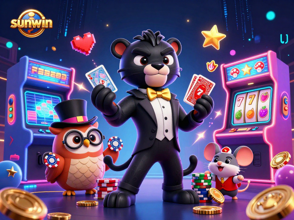 Experience the thrill of winning at sunwin with a stylish panther dealing cards surrounded by colorful casino games.