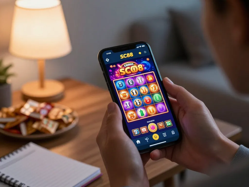 Player using SC88 app on smartphone showing exciting slots gameplay in a cozy home environment