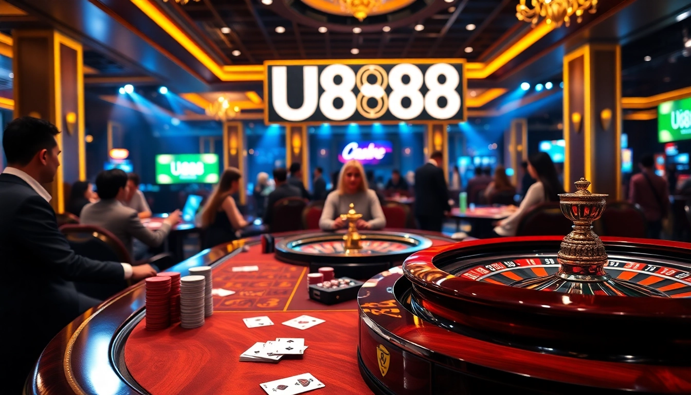 U888 players strategizing at a vibrant casino table with poker chips and cards.