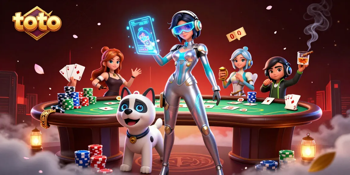 Engage in thrilling casino action with toto as a futuristic woman and robot dog play poker.