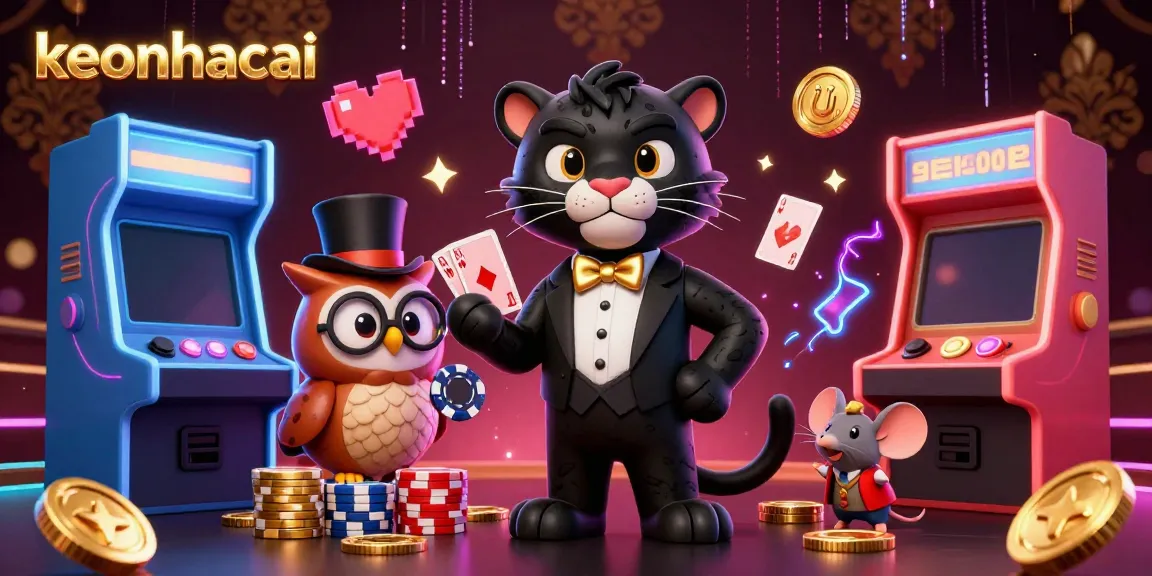 Engage in thrilling games with "keonhacai" as a panther deals cards, surrounded by casino elements.