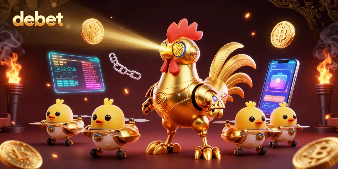 Engage with debet's vibrant casino atmosphere featuring a golden rooster robot and crypto elements.