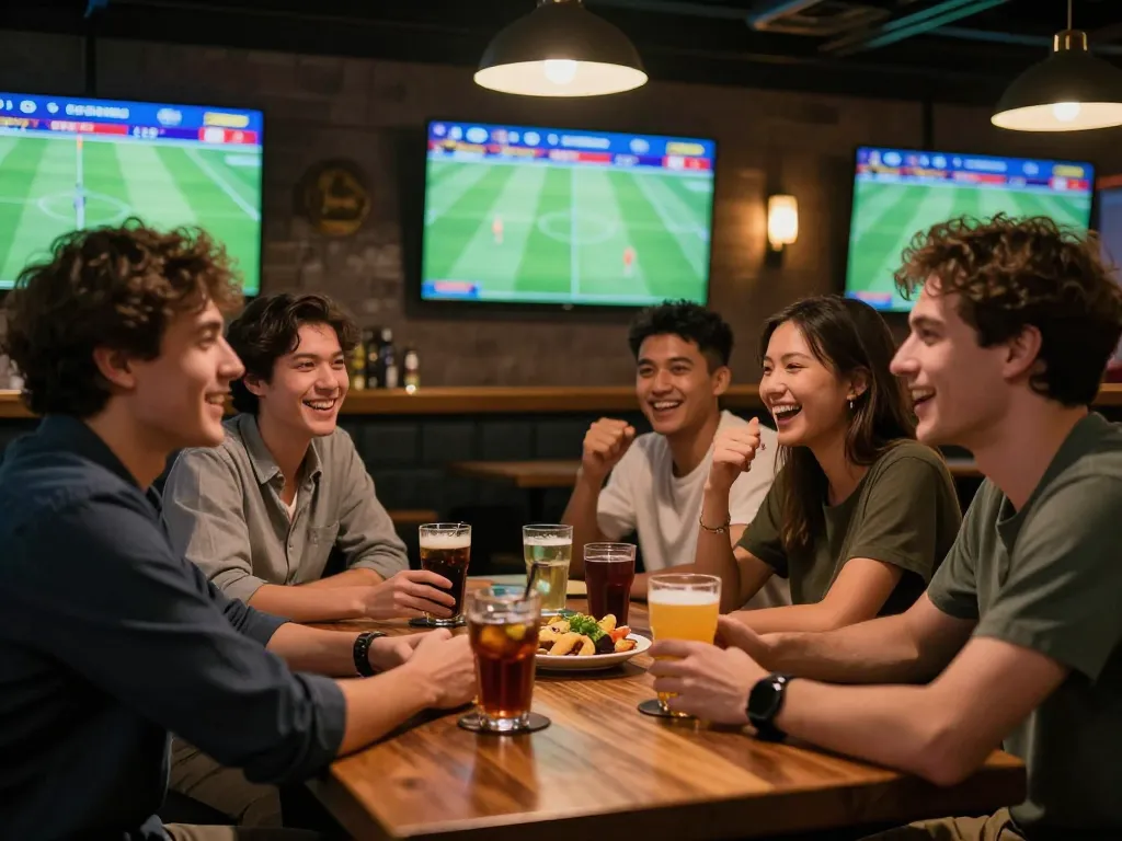 Experience xem bóng đá trực tiếp hôm nay with friends in a vibrant sports bar atmosphere.