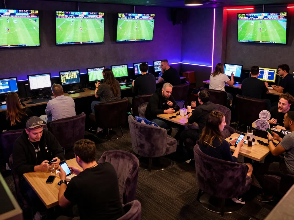 Experience kèo nhà cái hôm nay with enthusiastic bettors analyzing odds in a vibrant sports betting lounge.
