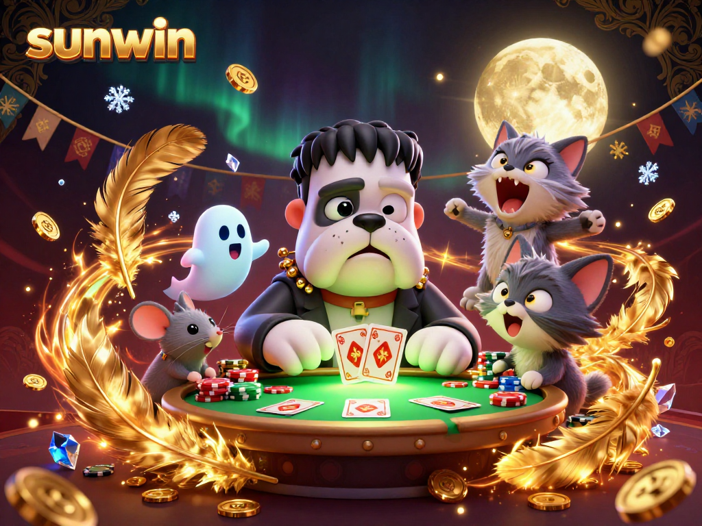 Experience thrilling gameplay with sunwin as the Frankenstein bulldog deals cards at a spooky casino table.