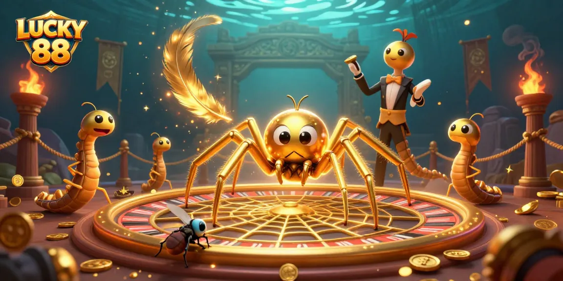 Bet on LUCKY 88 in a vibrant 3D casino scene with a spider, fly, and centipede.