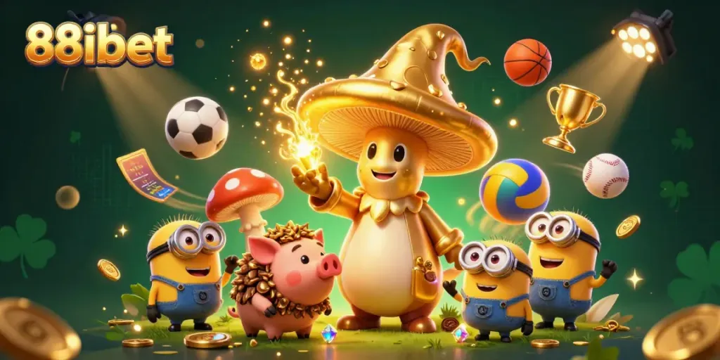 Experience excitement at 88ibet with a golden wizard and treasure hunting companions in casino-themed action.