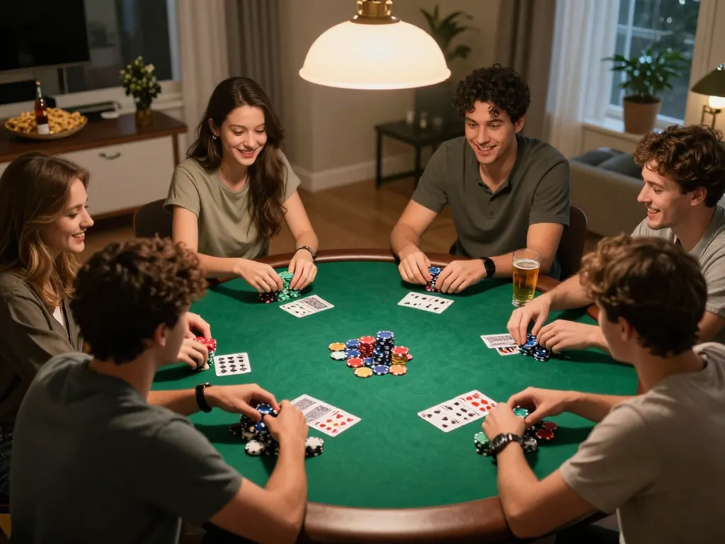 Friends enjoying a lively poker game night with Fun88, showcasing strategic gameplay and camaraderie.