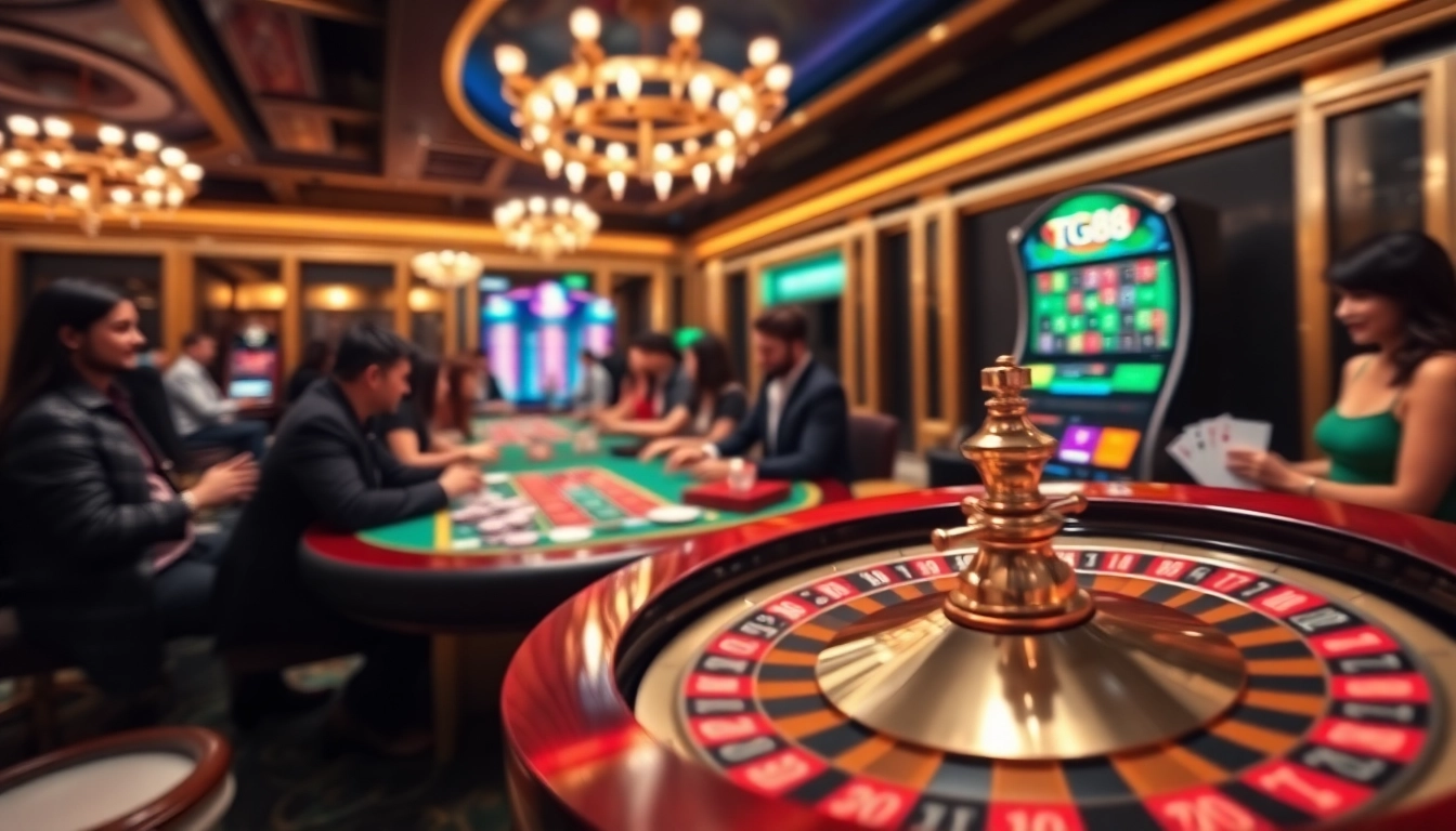 Experience thrilling gaming at tg88 trang chủ with an engaging casino scene showcasing roulette, poker, and vibrant players.